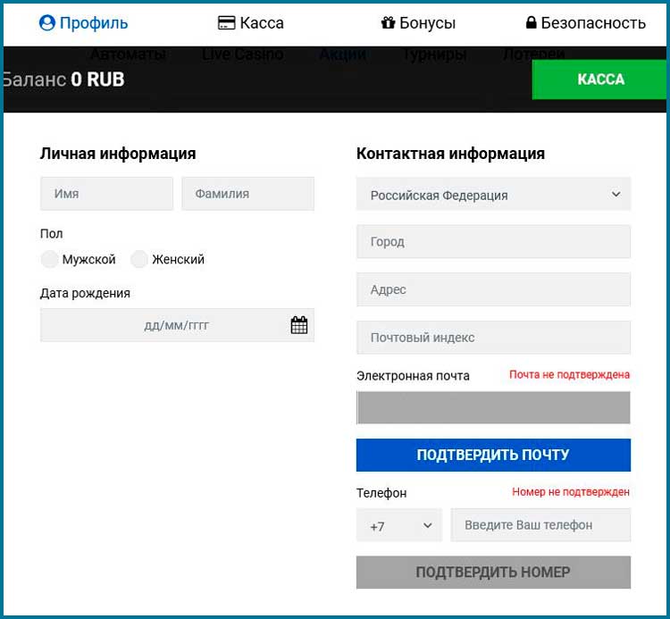 Заполнение профиля в казино Slottica