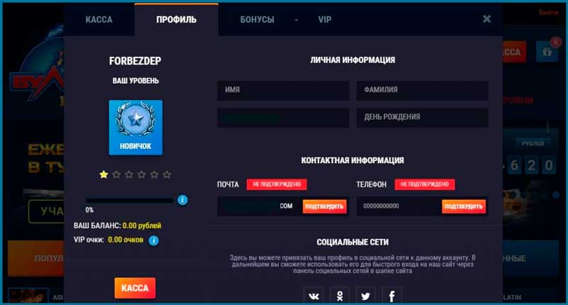 Профиль в казино Вулкан Гранд